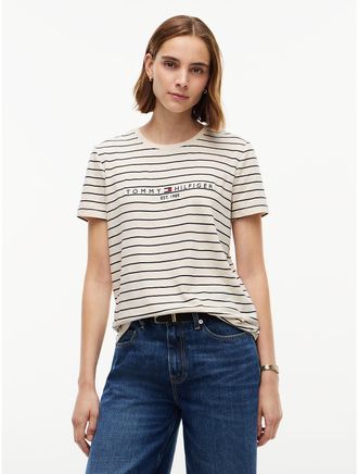 Tommy Hilfiger Womens Tommy Logo Heathered Stripe T-Shirt - Beige Heather - XXL
