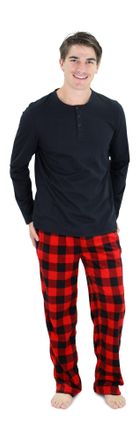 Cherokee Mens Pajama Set, Long Sleeve Cotton Top & Micro Fleece Pants, Breathable Cozy Loungewear, Red Buffalo, S