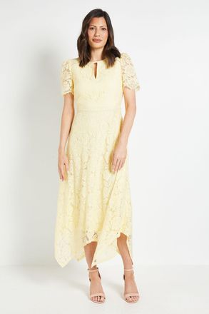 Wallis Womens Lace Hanky Hem Midi Dress - Yellow Cotton - Size 14 UK