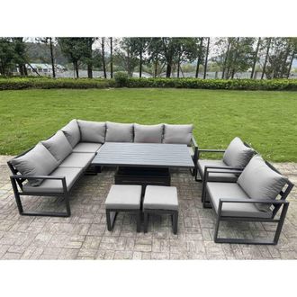 Fimous 10 Seater Aluminum Corner Sofa Set with Lifting Table, Chair & 2 Stool in Dark Grey