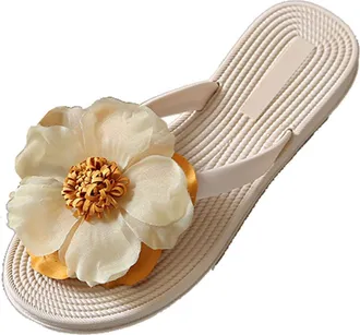 Generic Beige Womens Straw Flower Sandals with Flat Heel and Flip Flop Design Rural Style for Summer Vacation and Beach Use