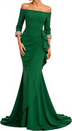 Jovani Off-Shoulder Gown With Beaded Cuffs In Green