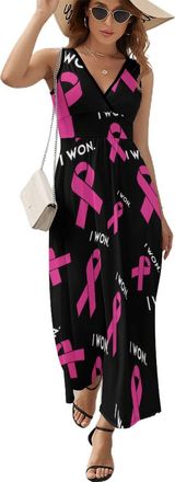 Generic Survivor Breast Cancer Awareness Womens Maxi Dress Casual Sleeveless V Neck Beach Long Sundress 2XL