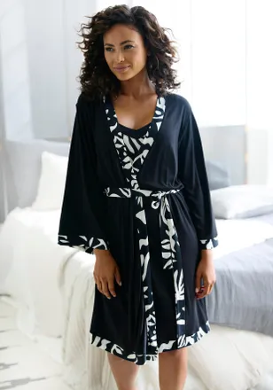 French Connection Kimono FRENCH CONNECTION, Damen, Gr. 32/34, schwarz, Viskose, unifarben, Kurzform, Hausm&auml;ntel Kimono, im zeitlosen Schwarz-Weiss-Look