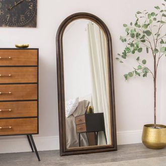 Melody Maison Dark Arched Wood & Gold Framed Wall & Leaner Mirror - 166cm X 70cm in Brown | Size: 166 cm X 70 cm