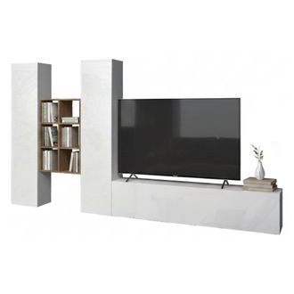 Dmora Pared Equipada Dcola, Conjunto De Sal&oacute;n Mueble De Tv Con 3 Puertas, Mueble De Sal&oacute;n Polivalente, 100% Made In Italy, Cm 320x30h180, Blanco Brillo Y Ar