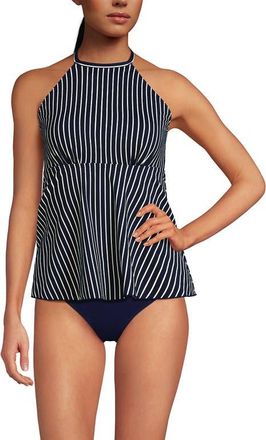 Lands End Flutter High Neck Halter Tankini Top in Navy/egret White Stripe at Nordstrom, Size X-Small P