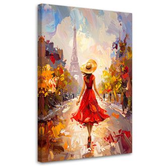 Feeby Cuadro Sobre Lienzo, Mujer Con Vestido Rojo Y Sombrero Con La Torre Eiffel De Fondo., 70x100