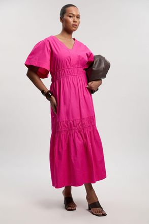 Karen Millen Womens Plus Size Shirred Cotton Tiered Woven Midaxi Dress - Pink - Size 20 UK