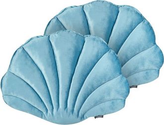 Beliani Beliani - Set of 2 Velvet Scatter Cushions Seashell Throw Pillow Scallop Shape Solid Pattern Light Blue Consolida