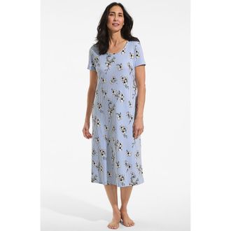 Lands End Cotton Short Sleeve Midcalf Nightgown in Ivory/light Sea Blue Floral at Nordstrom, Size Small P