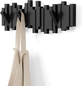 OEM Perchero De Pared Con 5 Ganchos Retr&aacute;ctiles - Caja De Almacenamiento Moderna Que Ahorra Espacio, Color Negro