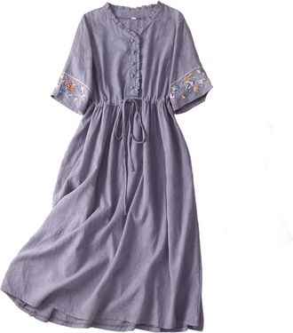 Generic Same Day Delivery Women Summer Dress Womens Cotton Linen Dresses Summer Embroidered Sleeve A Line Comfy Cotton Maxi Dress Trendy Dressy for Womens UK 