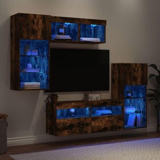 vidaXL Vidaxl - Muebles Tv Pared Con Led 5 Pzas Madera Ingenier&iacute;a Roble Ahumado