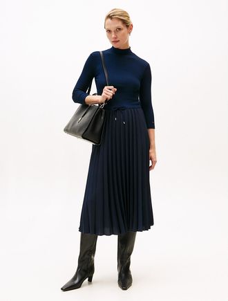 Tommy Hilfiger Womens Pleated Mix Media Midi Dress - Navy - XL