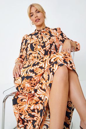 DUSK Floral Print Tiered Midi Shirt Dress