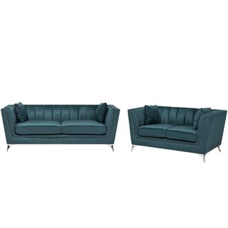 Beliani Conjunto De Sof&aacute;s 2 + 3 Plazas Tapizado Azul/verde Acabado Con Clavos Acolchado Gaula