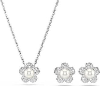 Swarovski Crystal Faux Pearl Necklace & Earrings Set in Silver/White at Nordstrom