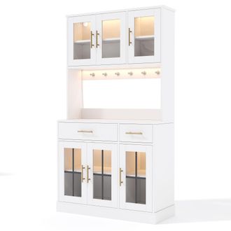 STILVORA Aparador De Cocina Con 6 Puertas, 2 Cajones, Estantes Ajustables Y Led, Estilo Campestre, En Mdf, Blanco