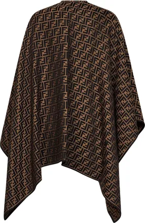 Fendi Womens Poncho Brown Ff Jacquard Wool And Silk Capes Jacket