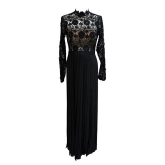 Self Portrait Mia Lace-Accent Pleated Gown in Black Polyester