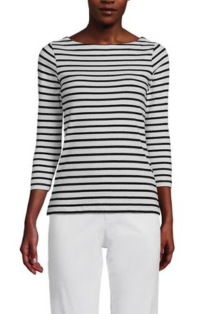 Lands End Mariner Jersey Boatneck Top in Oyster/black Breton Stripes at Nordstrom, Size X-Small