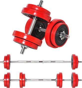 HOMCOM Homcom - Juego De Mancuernas 20 Kg Ajustables 2 En 1 Con 8 Discos Y Barras Ajustables Para Entrenamiento De Fuerza Levantamiento De Pesas Negro Y Rojo