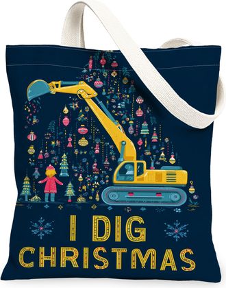 Generic Christmas Excavator Canvas Tote Bags, Holiday Construction Pattern Reusable Grocery Bags, Lightweight Washable Shoulder Str, Navy, 13x15 Inch