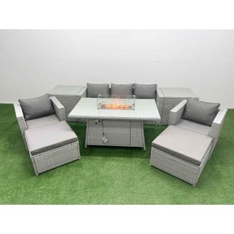 Fimous 7 Seat pe Rattan Lounge Sofa Set Outdoor Garden Furniture Set with Firepit Dining Table 3 Seater Sofa 2 Big Footstools Side Table Light Grey - Fimous