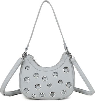 Generic Womens Faux Leather Shoulder Bag with Silver Eyelets, Grey Hobo Style Handbag with Crossbody Strap (Grey)
