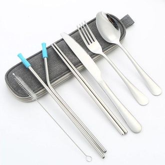 OEM Juego De Cubiertos De Viaje Reutilizables De Acero Inoxidable 8 En 1 Con Estuche: Cuchillo, Tenedor, Cuchara, Port&aacute;til Y De Color Plateado