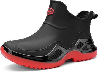 Generic Mens Fashion Work Boot Short Rain Boots Ankle Height Rubber Garden Boots Waterproof Rain Shoes (Black Red,7.5)