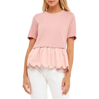 English Factory Mixed Media Scallop Peplum Cotton Top in Dusty Pink at Nordstrom Rack, Size X-Small