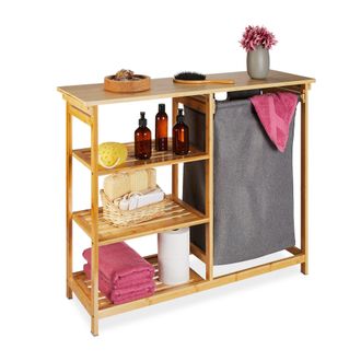 Relaxdays Estanter&iacute;a Cesto Ropa Sucia, Bamb&uacute;, 3 Baldas, Saco Colada Extra&iacute;ble, 82 X 100 X 32 Cm, Canasto Ba&ntilde;o, Natural - Relaxdays