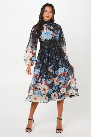 Coast Printed Blouson Sleeve Organza Midi Dress