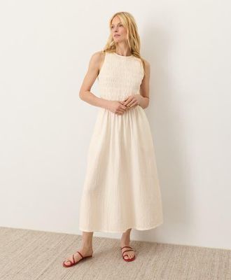 Pact Organic Cotton Coastal Double Gauze Smocked Dress in Cream at Nordstrom, Size Xx-Large
