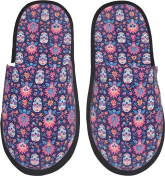 Generic Leaf Flower Skull Colorful Men Women Sliders Warm Slippers Non-Slip Shoes For Winter Bedroom Indoor M