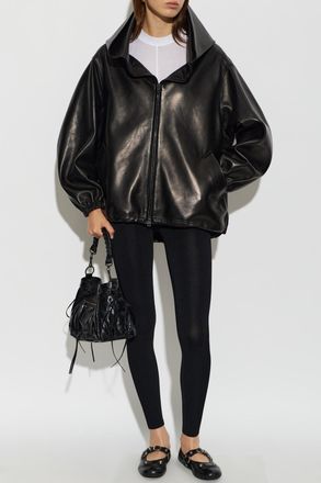 Balenciaga Leather Jacket With Hood, Womens, Black