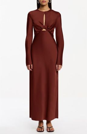 Significant Other Molly Cutout Twist Front Long Sleeve Satin Maxi Dress in Carob at Nordstrom, Size 10 Us