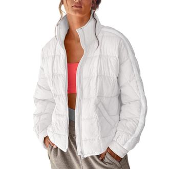 Generic Fleece Down Jacket Women Quilted for Ladies Lightweight Long Without Hood Packable Plain Zipped Pockets Puffer Streetwear White