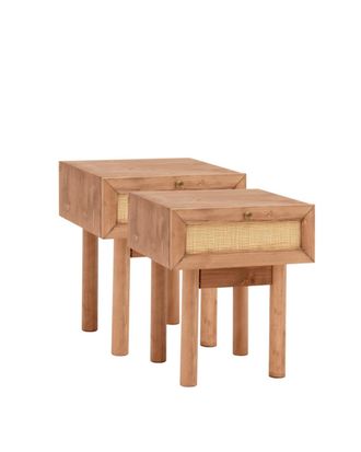 Deco Wood Pack 2 mesitas de noche de madera maciza y rafia marr&oacute;n 40x45cm