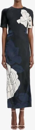 Victoria Beckham Split Hem Midi Dress In Dark Navy/pale Rose