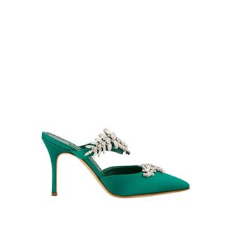 Manolo Blahnik Heeled Mules, female, Green, Size: 6 US Green Crystal Embellished Satin Mules