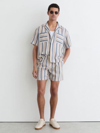 Reiss Blue & ecru Striped Drawstring Shorts, 2XL