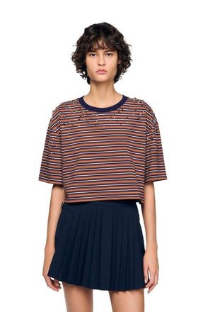 Sandro Striped rhinestone T-shirt in Brown /Deep Blu at Nordstrom, Size X-Large