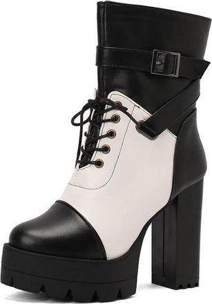 Generic Womens Fashion Ankle Boots Faux Leather Two Tone Design Lace Up Block Heels Platform Comfortable Anti-Slip Wear Resistant Party Daily Street Style,Bla