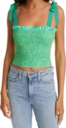 Alice & Olivia Alice + Olivia Penelope Smocked Ruffle Crop Top in Rare Feelings Jade, Size X-Large