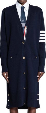 Thom Browne Navy Merino V-Neck Cardigan Milano Stitch - Dames - Lange truien - Blauw - XS - Wol - Truien & Vesten