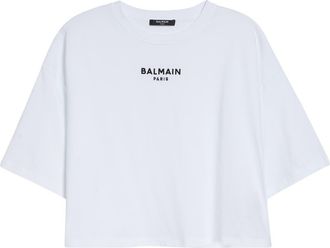 Balmain Crop Embroidered Balmain Paris Cotton T-Shirt in Gab White/Blk at Nordstrom, Size X-Large