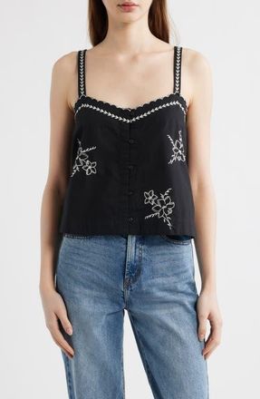 The Great. The Weekend Floral Embroidered Button-Up Top in Black at Nordstrom, Size 1